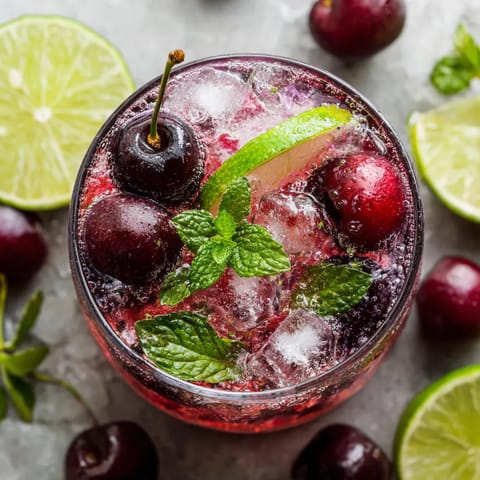 A glass of cherry juice with a mint garnish.