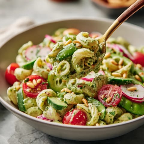 A bowl of pasta with tomatoes and cucumbers.