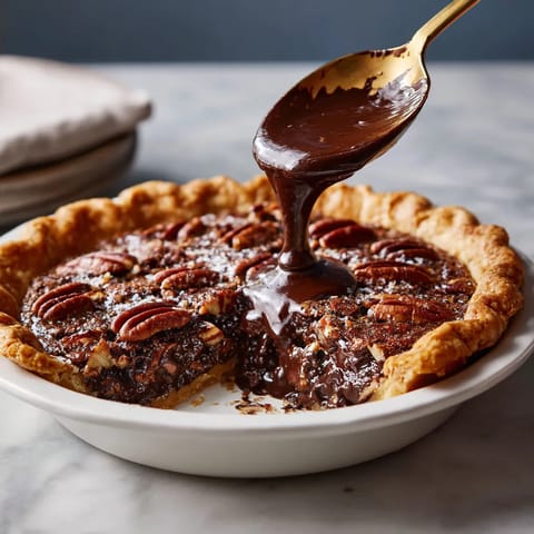A slice of pie with chocolate drizzled on top.