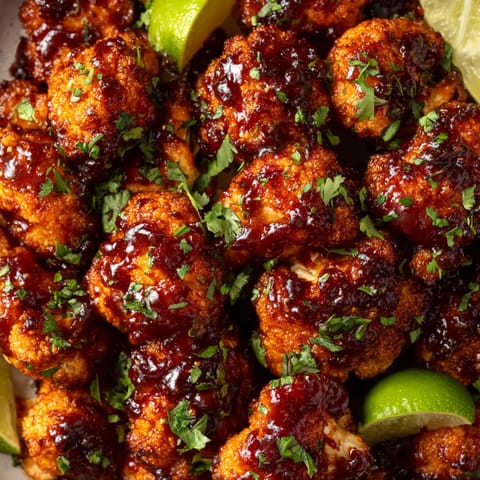 A plate of chicken with sauce and lime wedges.