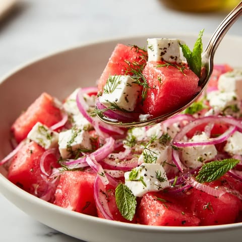 A spoon is in a bowl of watermelon and onions.