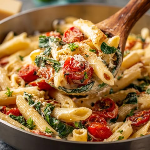 A spoon is in a bowl of pasta.