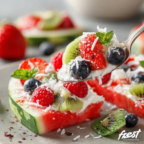 A spoon is scooping up a slice of watermelon.