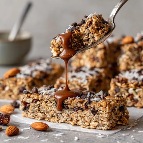 A spoonful of chocolate syrup on top of a granola bar.