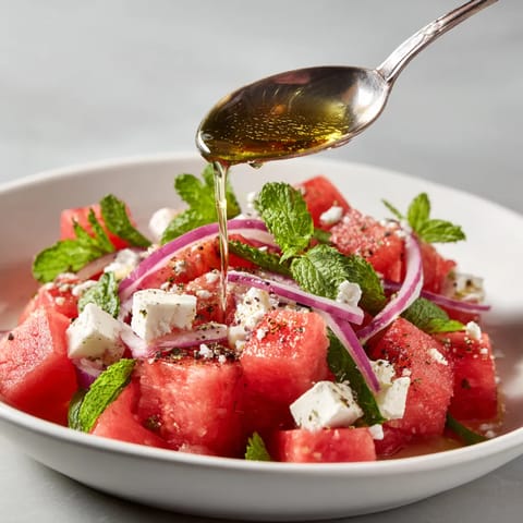 A bowl of watermelon with mint and honey drizzled on top.