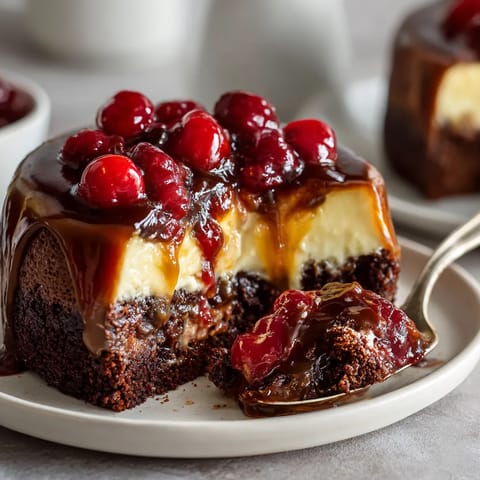 A slice of cake with chocolate and cherries.