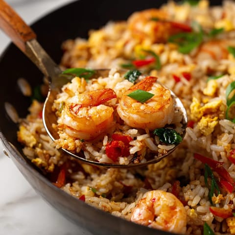 A spoon is in a bowl of rice and shrimp.