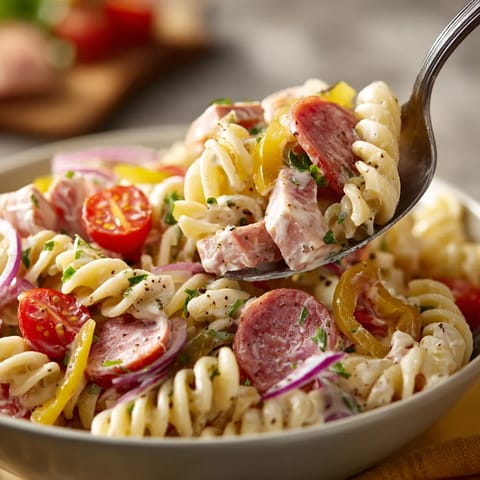 A bowl of pasta with tomatoes and sausage.