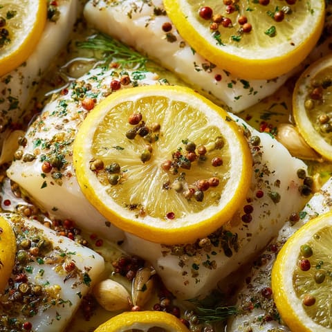 A plate of fish with lemon slices on top.