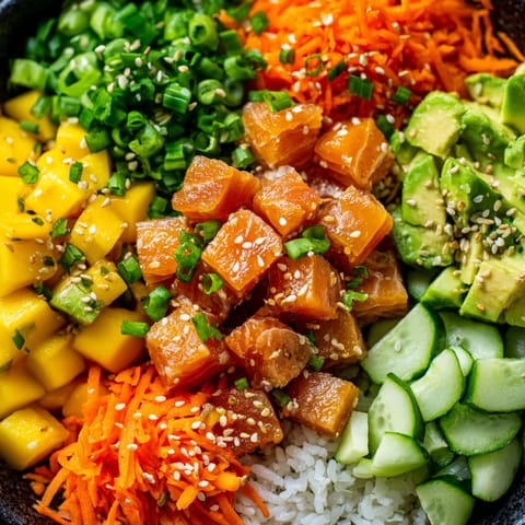 A bowl of food with various vegetables and rice.
