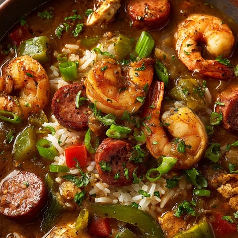 A bowl of gumbo with shrimp, sausage, and rice.