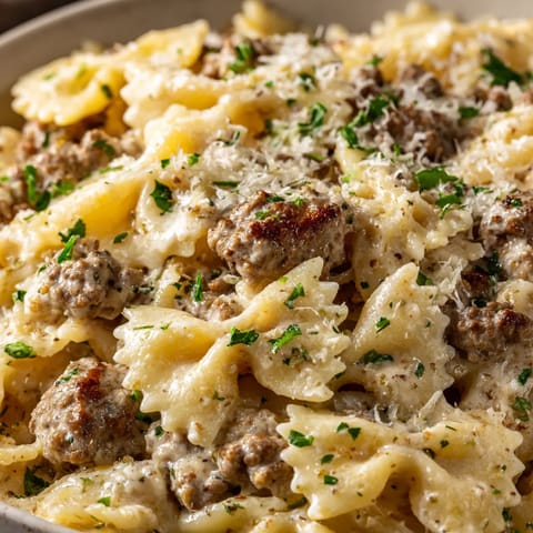 A bowl of pasta with meat and cheese.