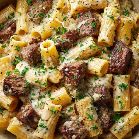 A bowl of pasta with meat and cheese.