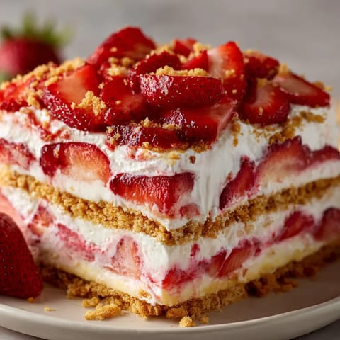 A slice of strawberry cake with white frosting.