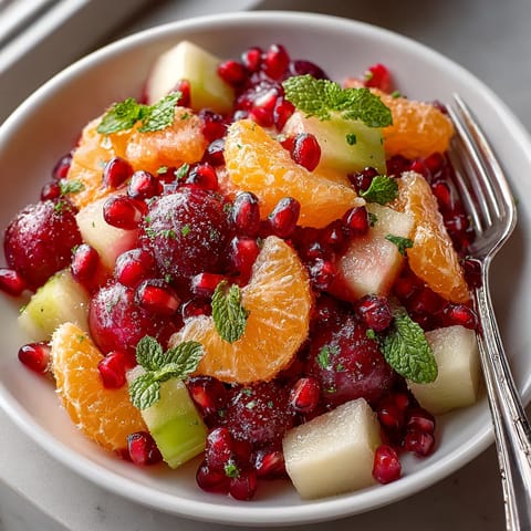 A bowl of fruit with oranges, pomegranates, and cranberries.