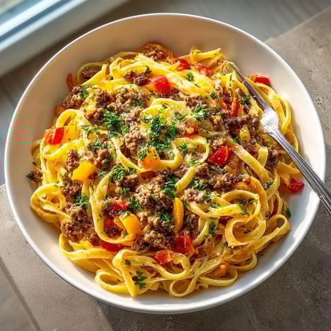 A bowl of pasta with meat and vegetables.