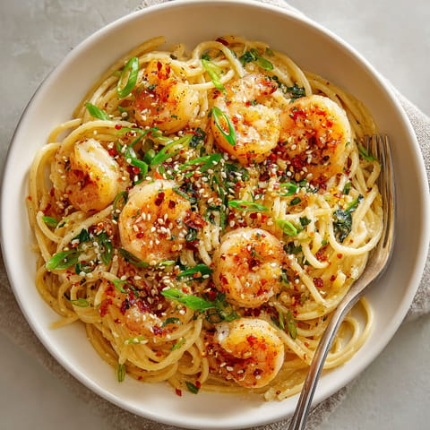 A bowl of pasta with shrimp and red peppers.