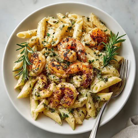A bowl of pasta with shrimp and herbs.