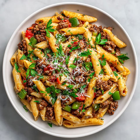 A plate of pasta with meat and vegetables.
