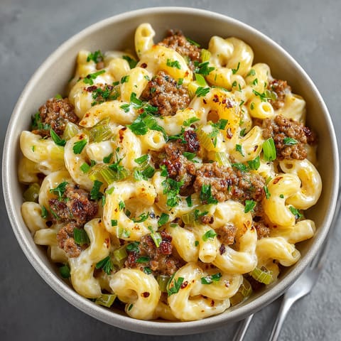 A bowl of macaroni and beef with green onions.