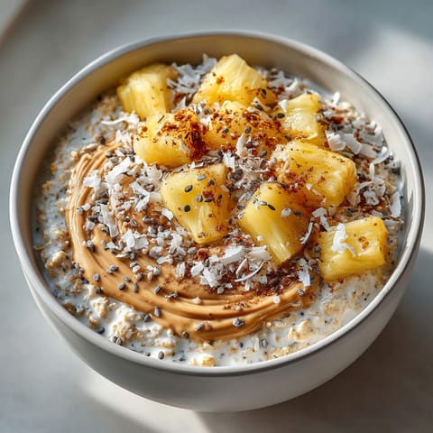 Bowl of food with pineapple and coconut.