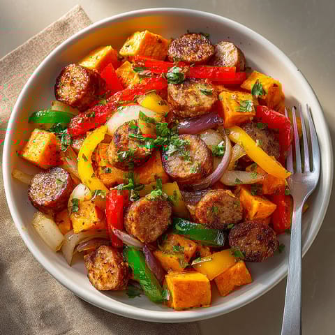 A bowl of Sweet Potato & Cajun Sausage Hash.