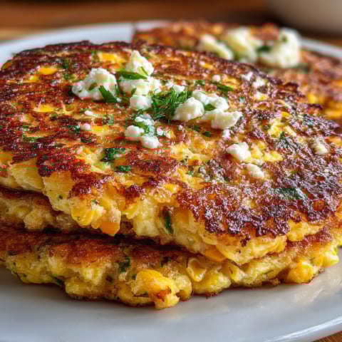 A plate of savory corn and feta pancakes.