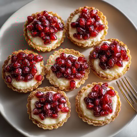 A plate of six cream cheese tarts with pomegranate toppings.