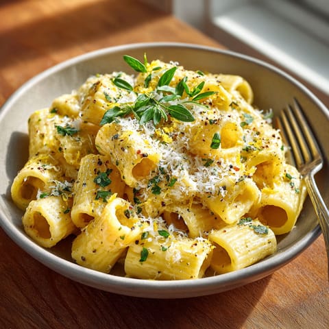 A bowl of pasta with cheese and herbs.