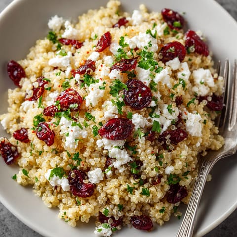 A bowl of quinoa salad with feta and cranberries.
