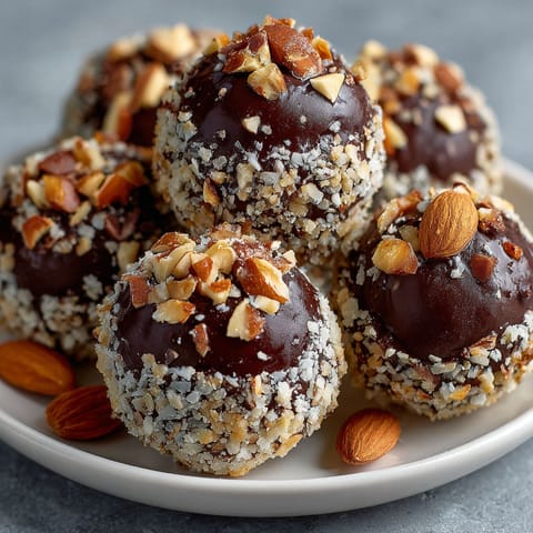 A plate of chocolate covered almonds.