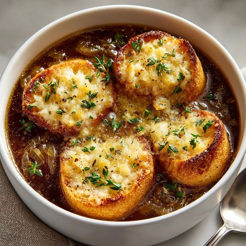 A bowl of French onion soup with croutons.