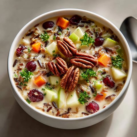 A bowl of soup with cranberries, rice, and other vegetables.