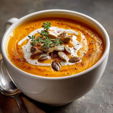 A bowl of soup with a spoon in it.