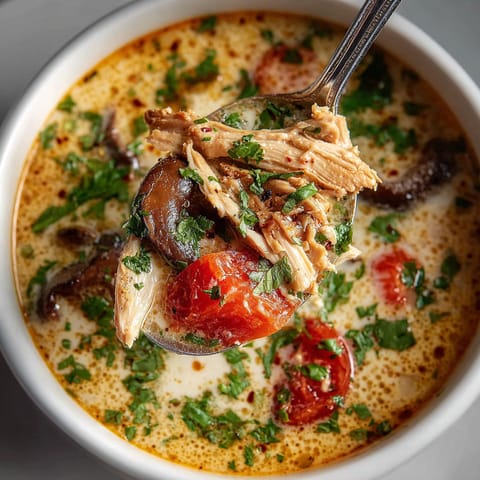 A bowl of soup with a spoon in it.