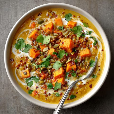 A bowl of spiced sweet potato and lentil soup.