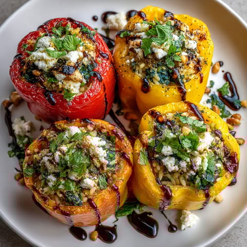 A plate of four stuffed peppers with orzo and dark cherry reduction.