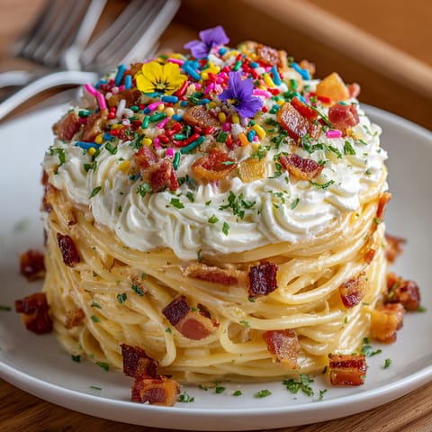 A tower of pasta with a whimsical presentation.