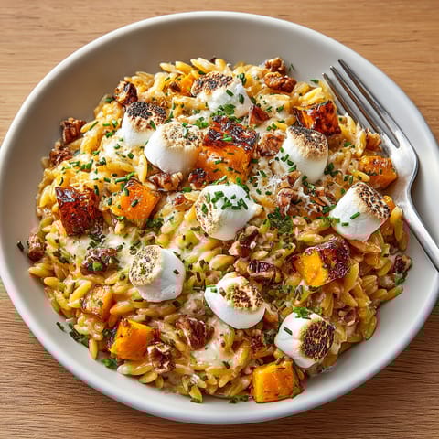 A bowl of pasta with marshmallows and butternut squash.