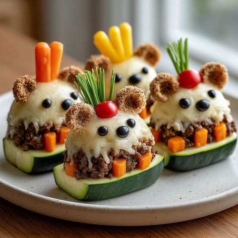 A plate of food with a stuffed zucchini boat and a rat cake.