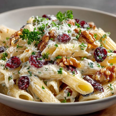 A bowl of pasta with cheese and nuts.