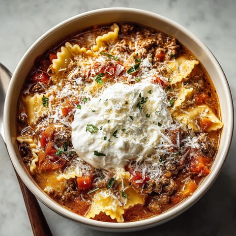 A bowl of slow cooker lasagna soup.