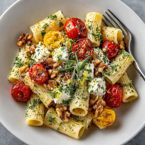 A bowl of pasta with tomatoes and feta cheese.