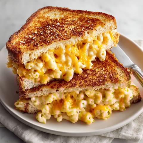 A grilled cheese sandwich with mac and cheese in the middle.