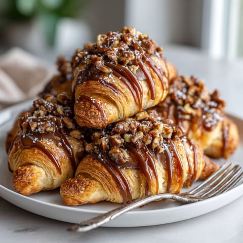 A plate of croissants with chocolate and nuts on top.