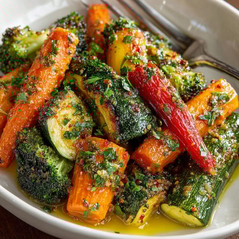 A plate of roasted vegetables with a fork on the side.