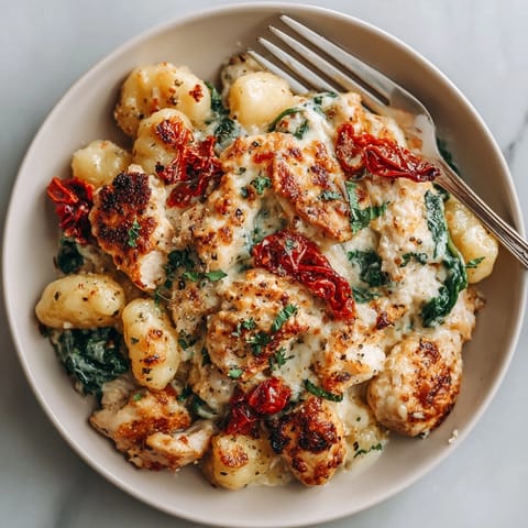 One-Pan Tuscan Chicken Gnocchi Bake topped with melted cheese and fresh spinach, steaming hot.