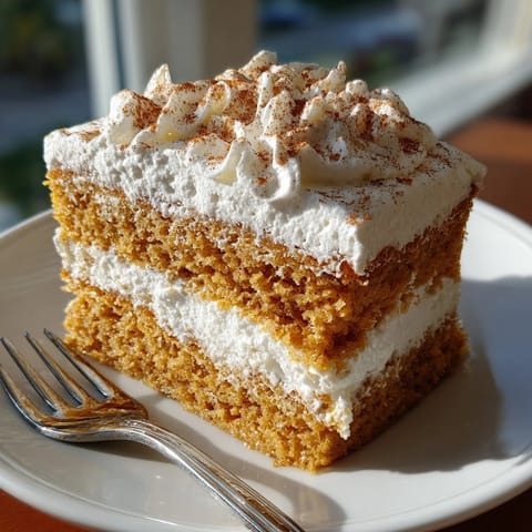 Moist pumpkin spice tres leches cake soaked in creamy milk, adorned with fluffy whipped topping and a sprinkle of cinnamon.