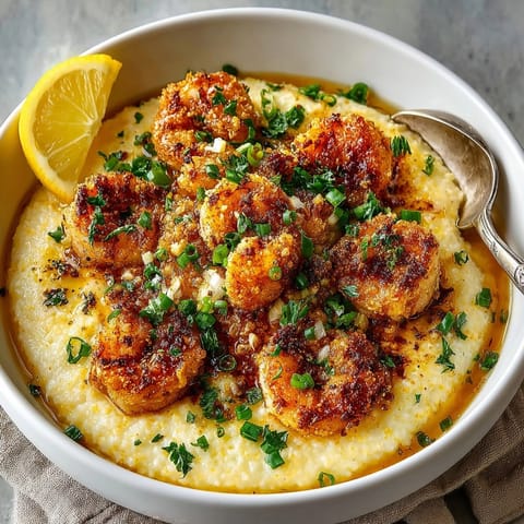 Golden, crunchy Cajun shrimp sitting on creamy cheesy grits in Southern comfort style.