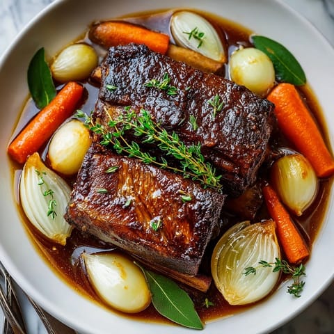 Juicy apple cider braised short ribs plated atop mashed potatoes for a hearty fall dinner.